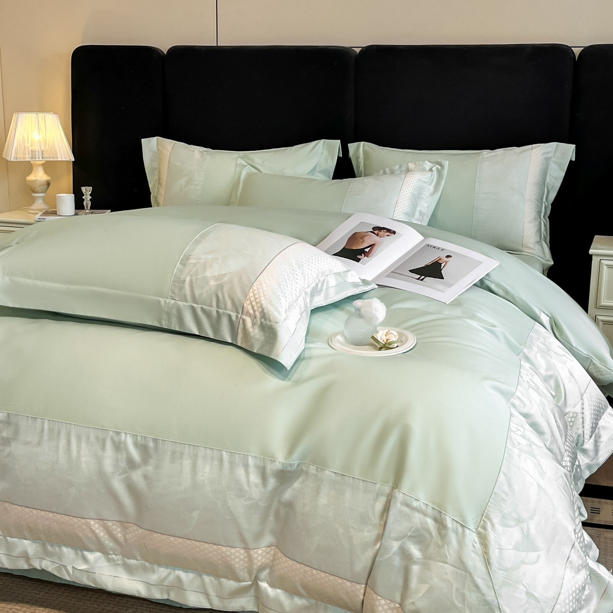 91家纺网 家纺一手货源 找家纺 （总）博纳家纺 2025新款多色色织提花宽边高级简奢款纯棉四件套-山木花亭