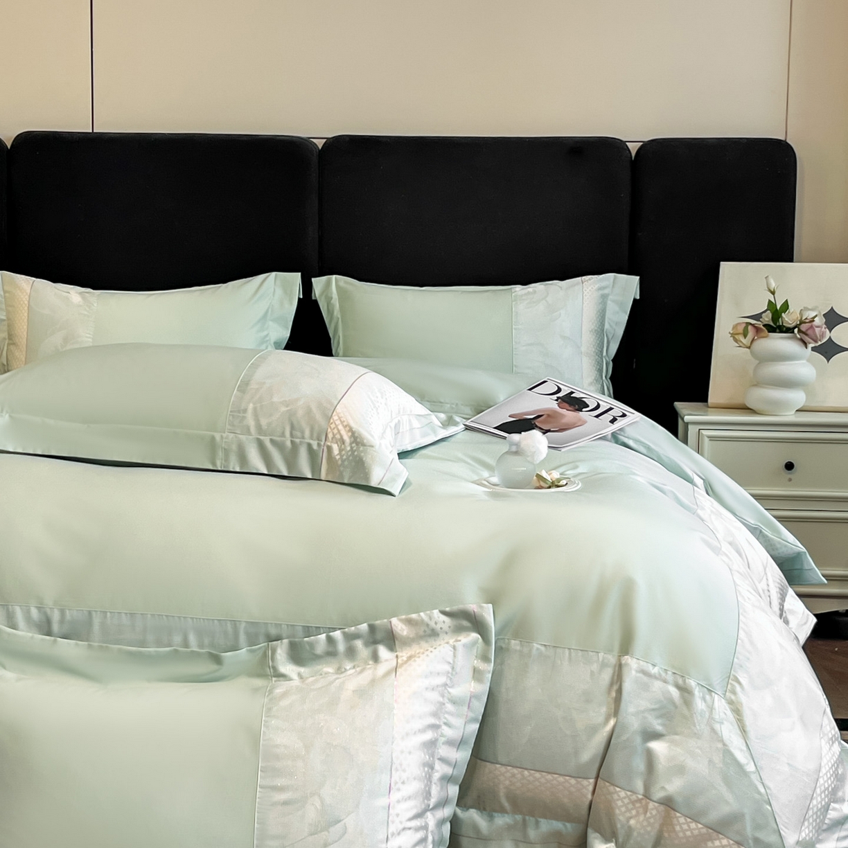 91家纺网 家纺一手货源 找家纺 （总）博纳家纺 2025新款多色色织提花宽边高级简奢款纯棉四件套-山木花亭