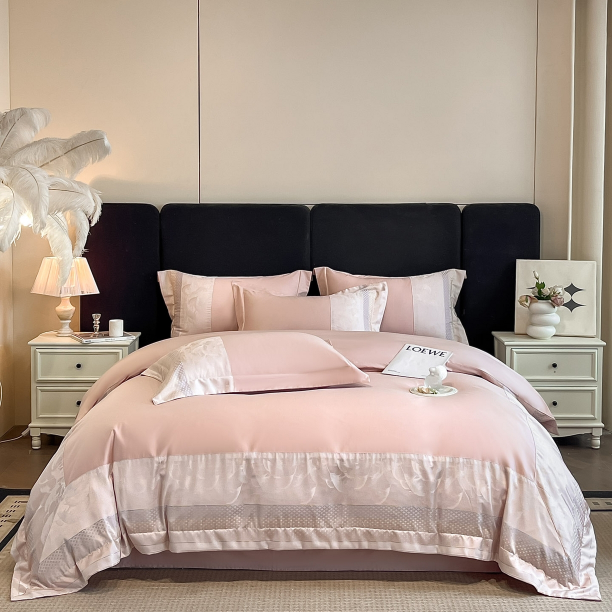 91家纺网 家纺一手货源 找家纺 （总）博纳家纺 2025新款多色色织提花宽边高级简奢款纯棉四件套-山木花亭