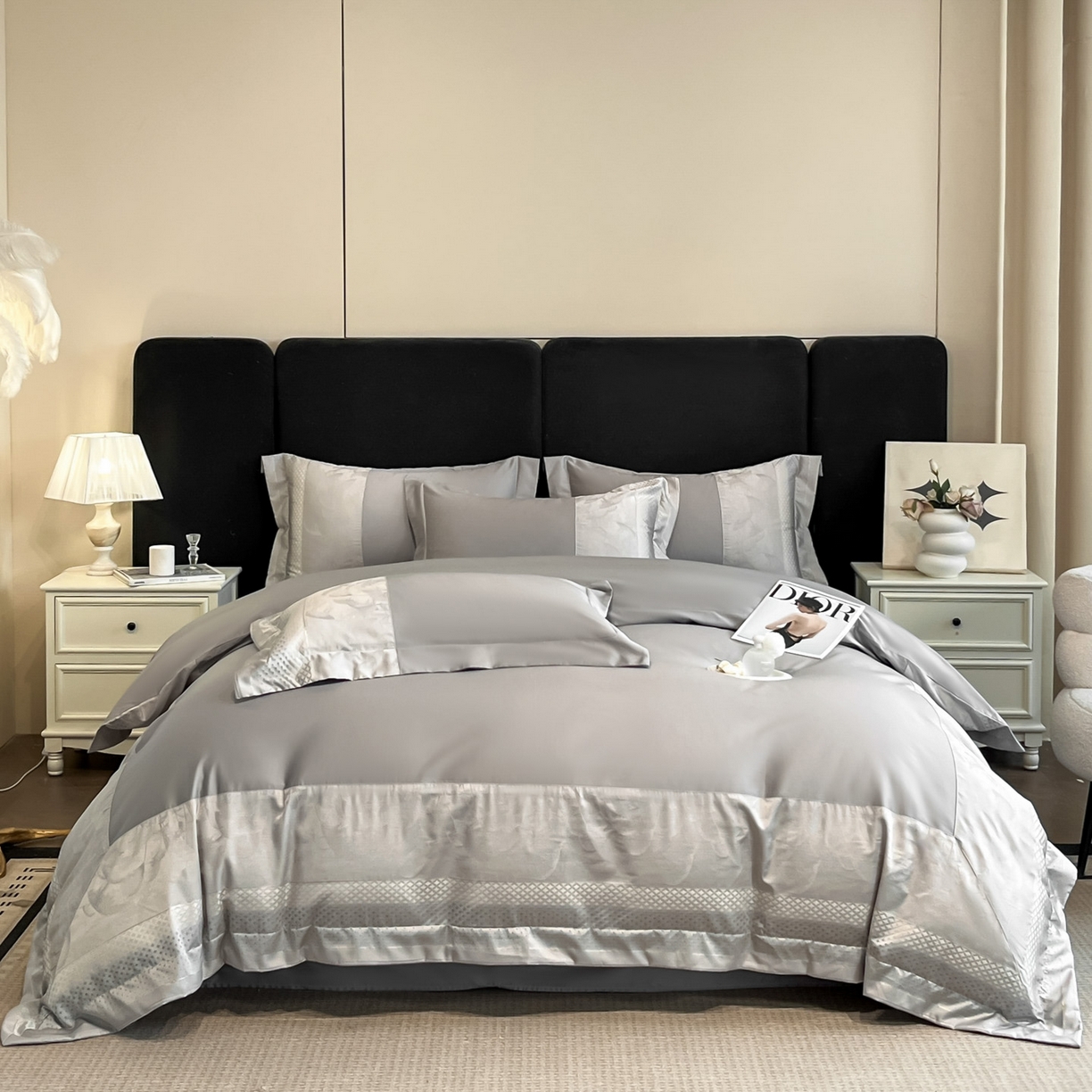 91家纺网 家纺一手货源 找家纺 （总）博纳家纺 2025新款多色色织提花宽边高级简奢款纯棉四件套-山木花亭