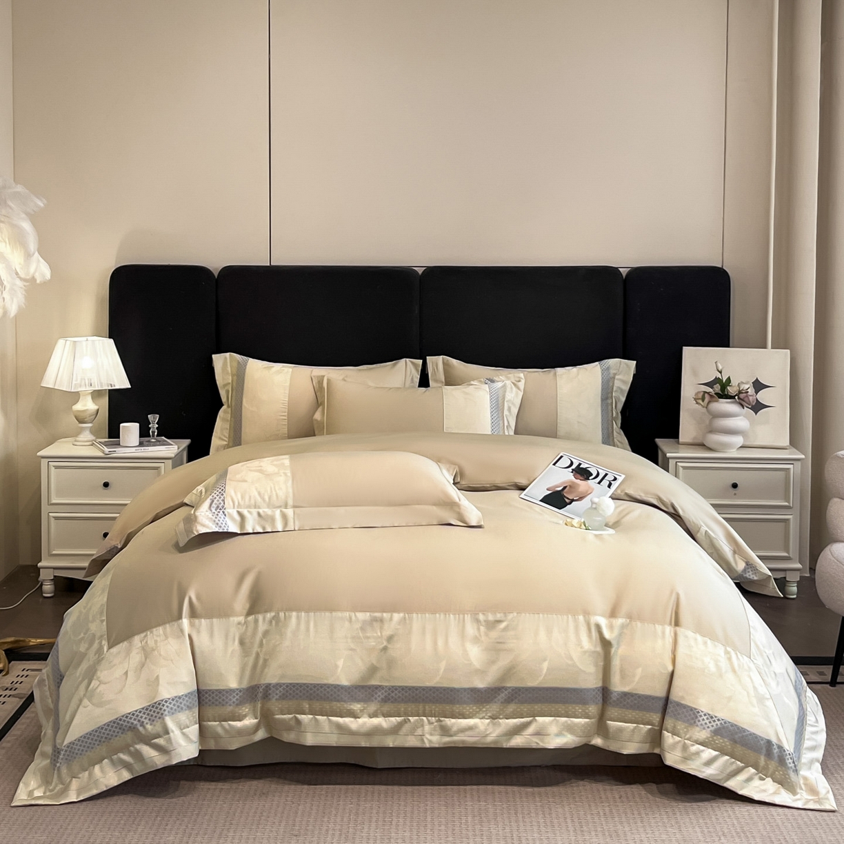 博纳家纺 2025新款多色色织提花宽边高级简奢款纯棉四件套-山木花亭 山木花亭-香槟