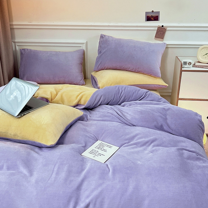 91家纺网 家纺一手货源 找家纺 居易简 2025秋冬新款ins风小红书高克重纯色双拼牛奶绒单被套三件套四件套系列 芋泥奶紫