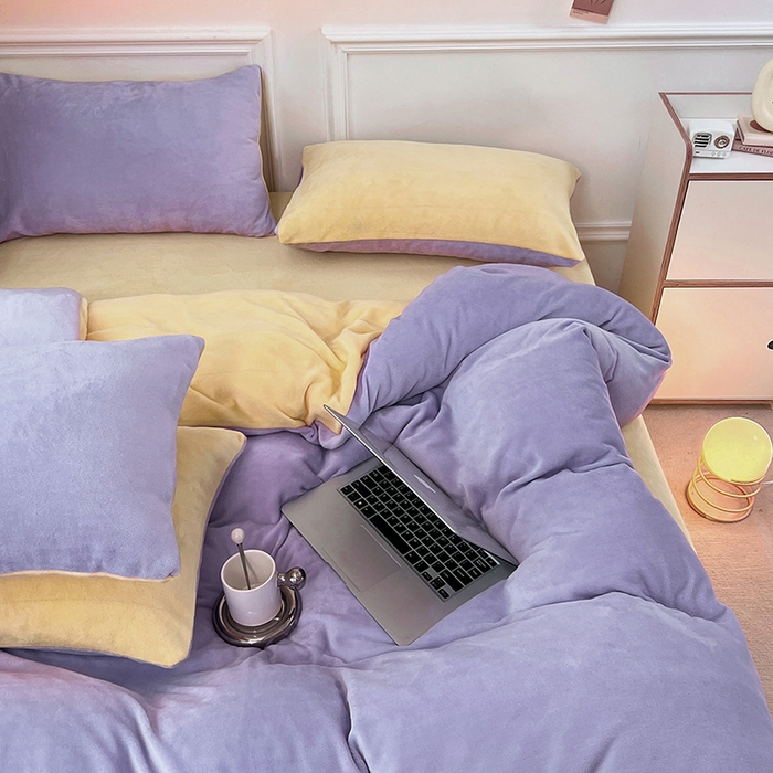 91家纺网 家纺一手货源 找家纺 居易简 2025秋冬新款ins风小红书高克重纯色双拼牛奶绒单被套三件套四件套系列 芋泥奶紫