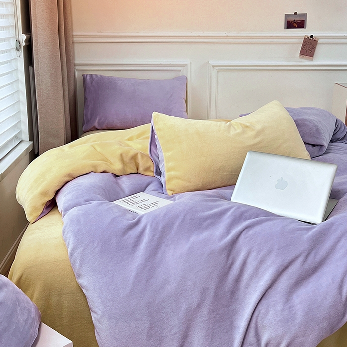 91家纺网 家纺一手货源 找家纺 居易简 2025秋冬新款ins风小红书高克重纯色双拼牛奶绒单被套三件套四件套系列 芋泥奶紫