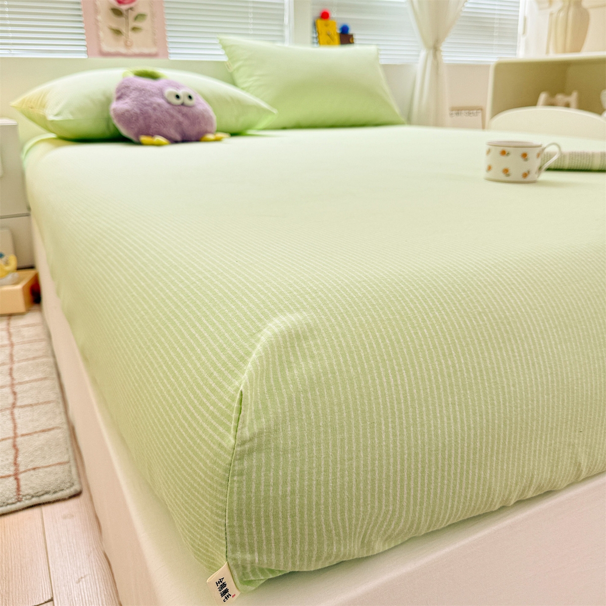 91家纺网 家纺一手货源 找家纺 名兮家居 2025新款亲肤舒适全棉纯棉磨毛印花床笠单床笠单品床笠单件床笠 细条-绿