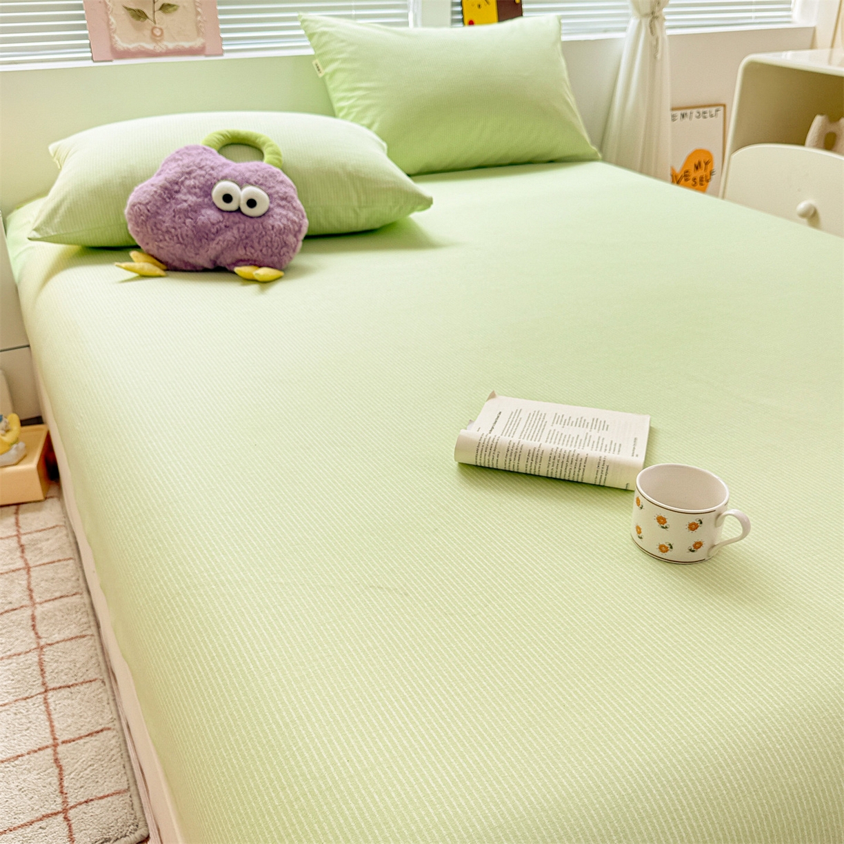 91家纺网 家纺一手货源 找家纺 名兮家居 2025新款亲肤舒适全棉纯棉磨毛印花床笠单床笠单品床笠单件床笠 细条-绿