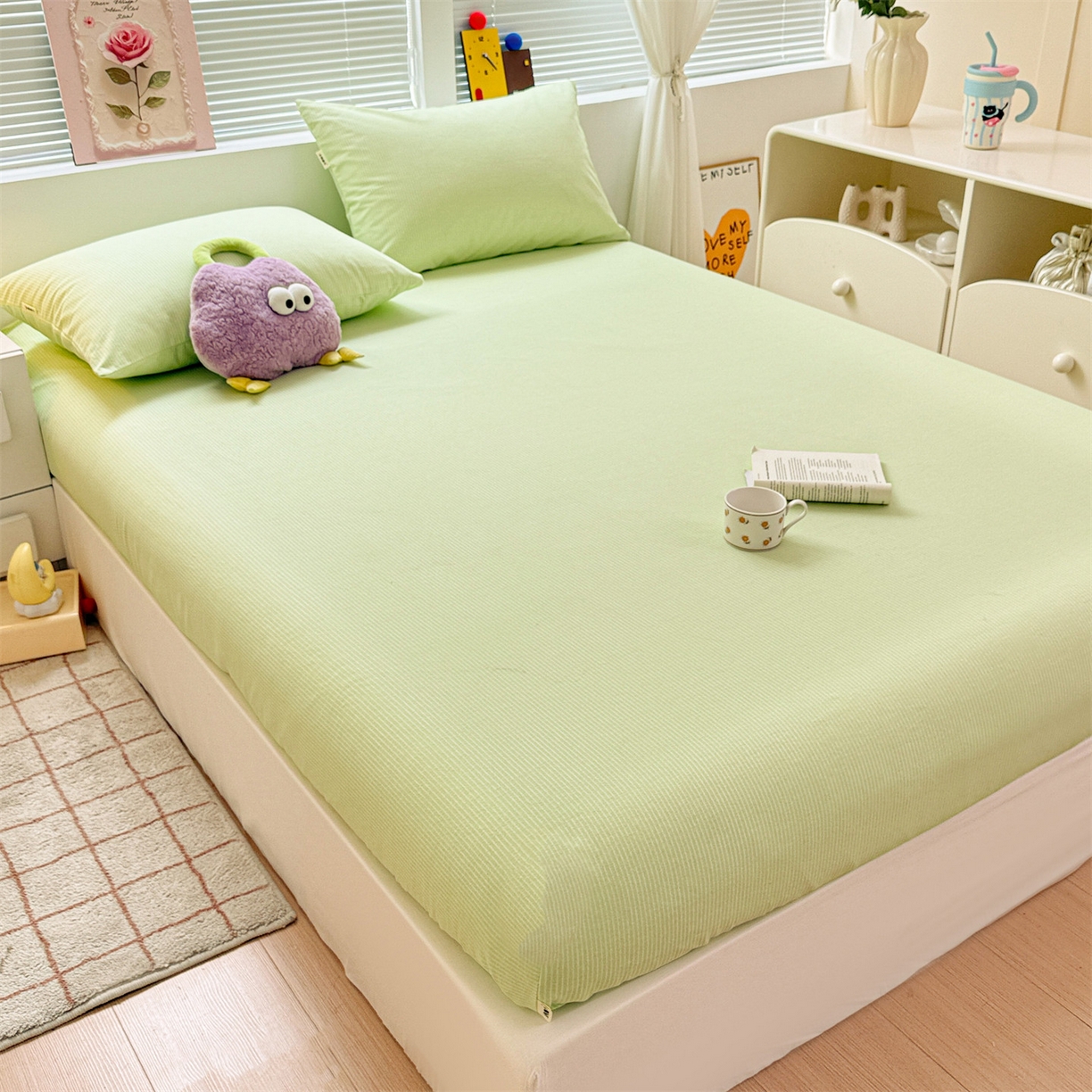 91家纺网 家纺一手货源 找家纺 名兮家居 2025新款亲肤舒适全棉纯棉磨毛印花床笠单床笠单品床笠单件床笠 细条-绿