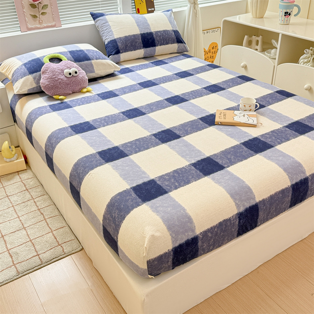 91家纺网 家纺一手货源 找家纺 名兮家居 2025新款亲肤舒适全棉纯棉磨毛印花床笠单床笠单品床笠单件床笠 大蓝格