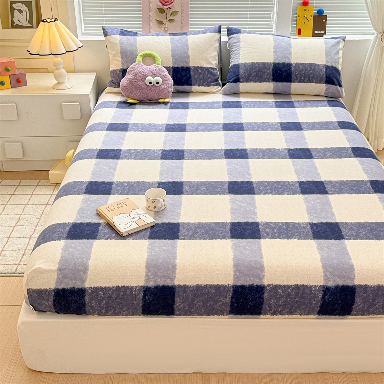 91家纺网 家纺一手货源 找家纺 名兮家居 2025新款亲肤舒适全棉纯棉磨毛印花床笠单床笠单品床笠单件床笠 大蓝格