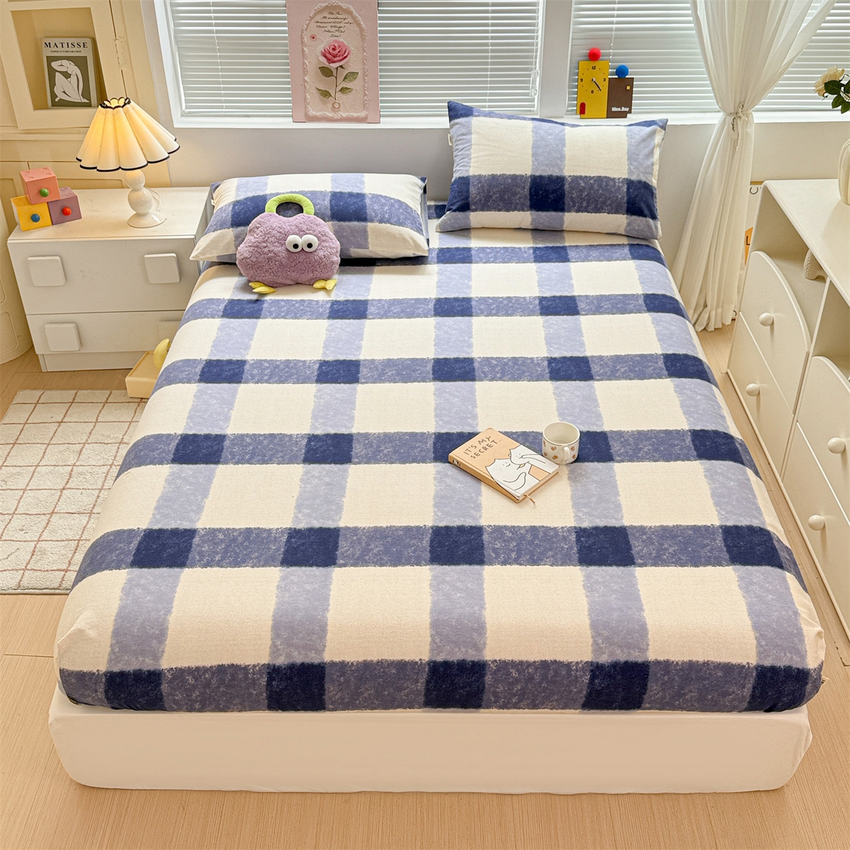 91家纺网 家纺一手货源 找家纺 名兮家居 2025新款亲肤舒适全棉纯棉磨毛印花床笠单床笠单品床笠单件床笠 大蓝格