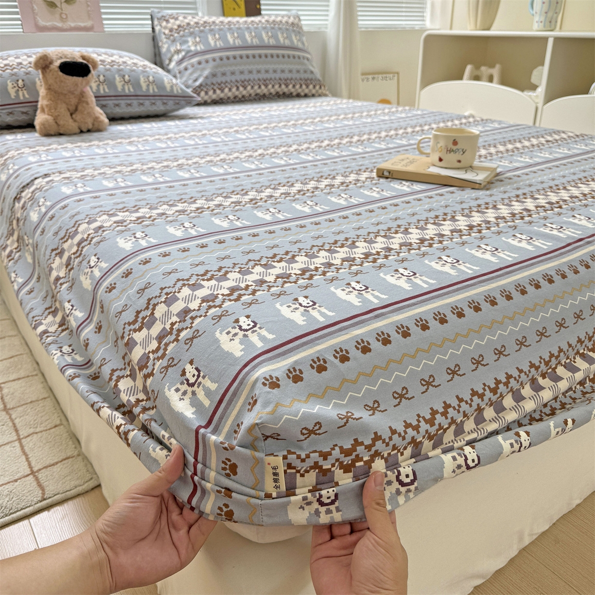 名兮家居 2025新款亲肤舒适全棉纯棉磨毛印花床笠单床笠单品床笠单件床笠 蝴蝶结小狗-蓝