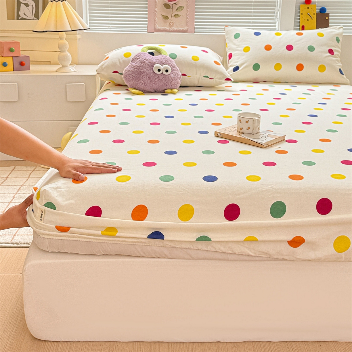 91家纺网 家纺一手货源 找家纺 名兮家居 2025新款亲肤舒适全棉纯棉磨毛印花床笠单床笠单品床笠单件床笠 柔色圆点