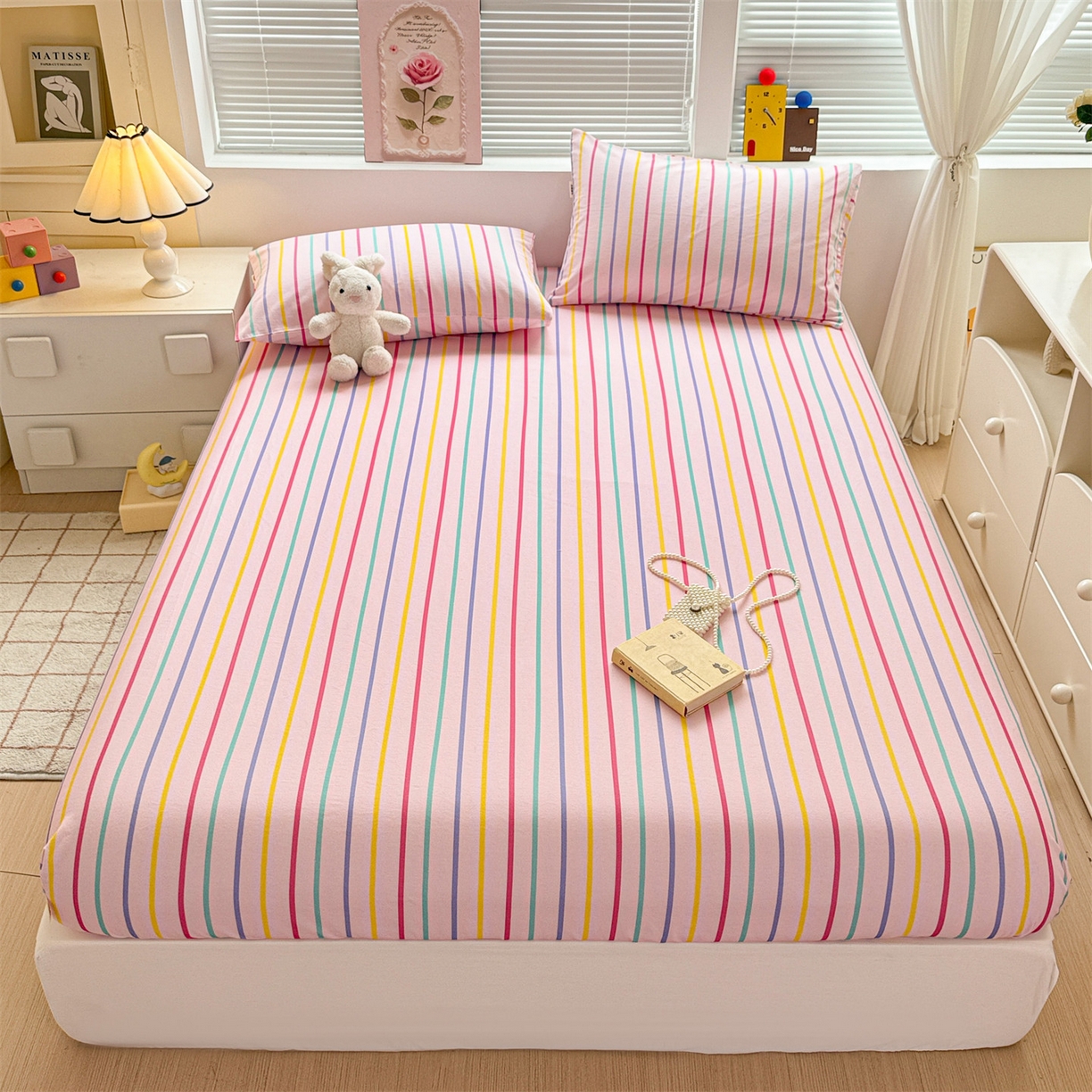 91家纺网 家纺一手货源 找家纺 名兮家居 2025新款亲肤舒适全棉纯棉磨毛印花床笠单床笠单品床笠单件床笠 炫彩条纹