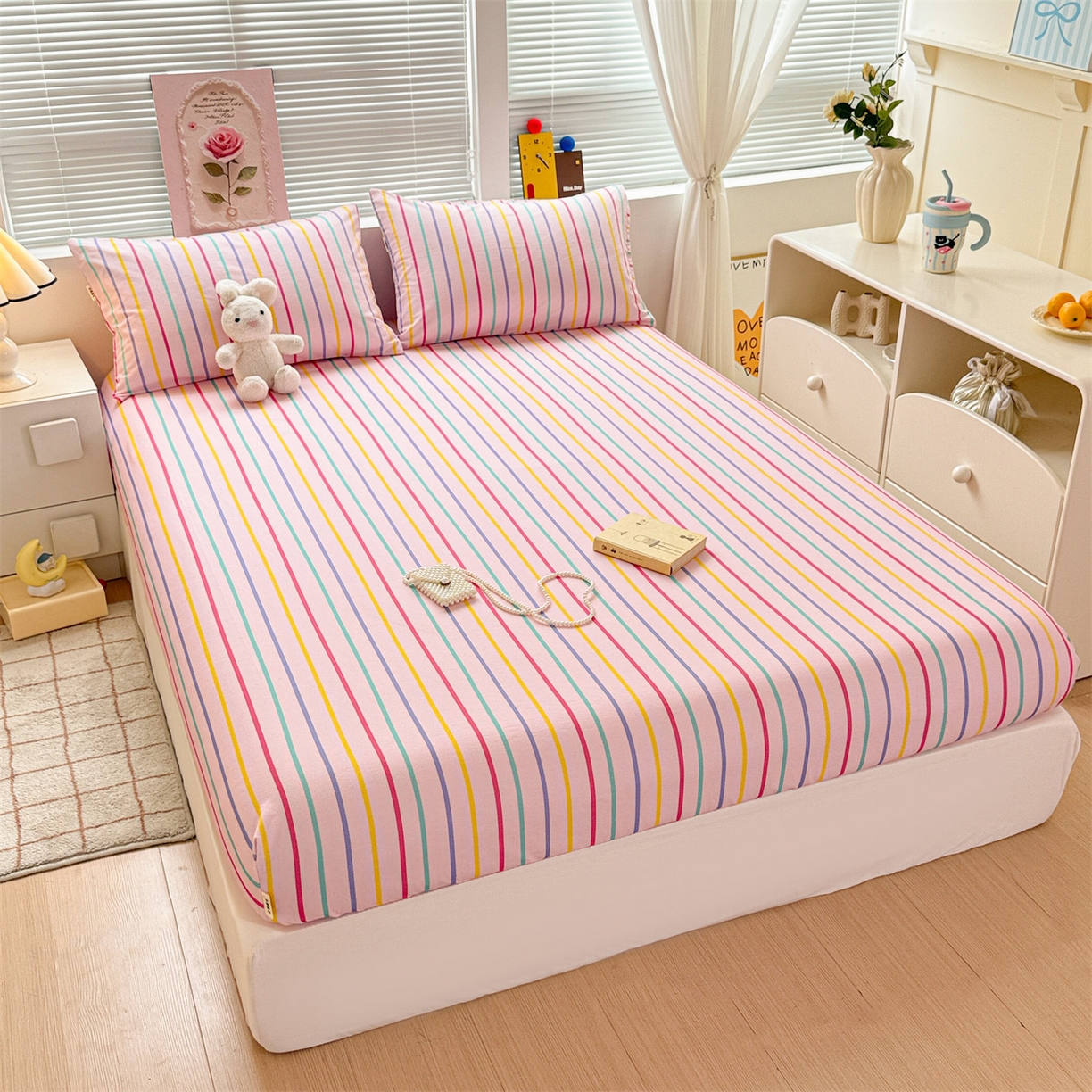 91家纺网 家纺一手货源 找家纺 名兮家居 2025新款亲肤舒适全棉纯棉磨毛印花床笠单床笠单品床笠单件床笠 炫彩条纹