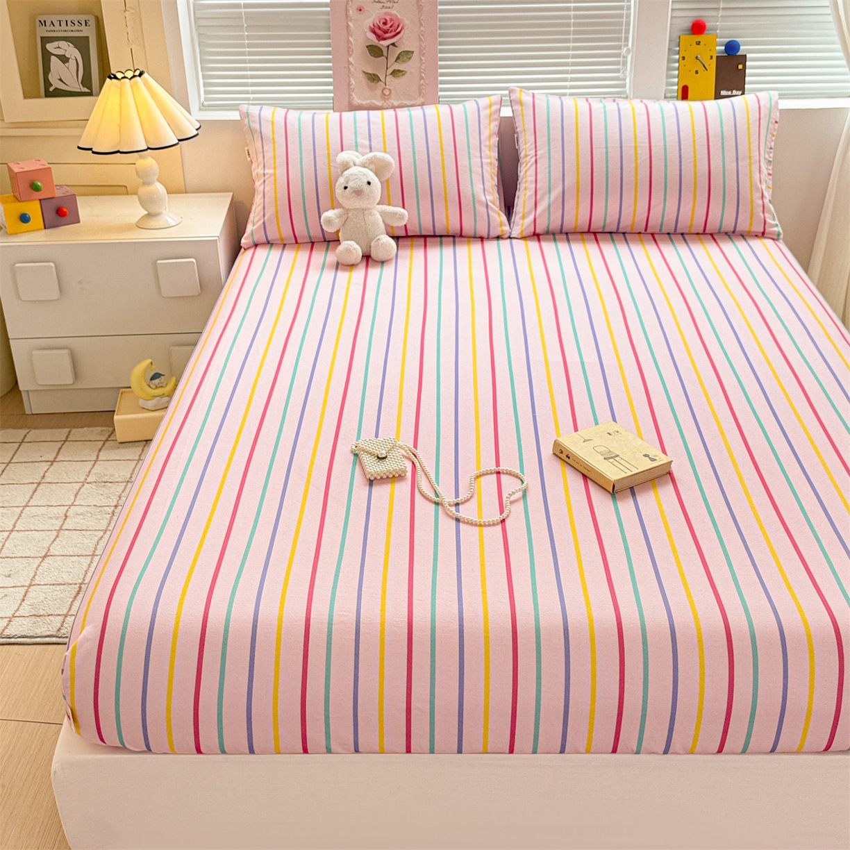 91家纺网 家纺一手货源 找家纺 名兮家居 2025新款亲肤舒适全棉纯棉磨毛印花床笠单床笠单品床笠单件床笠 炫彩条纹