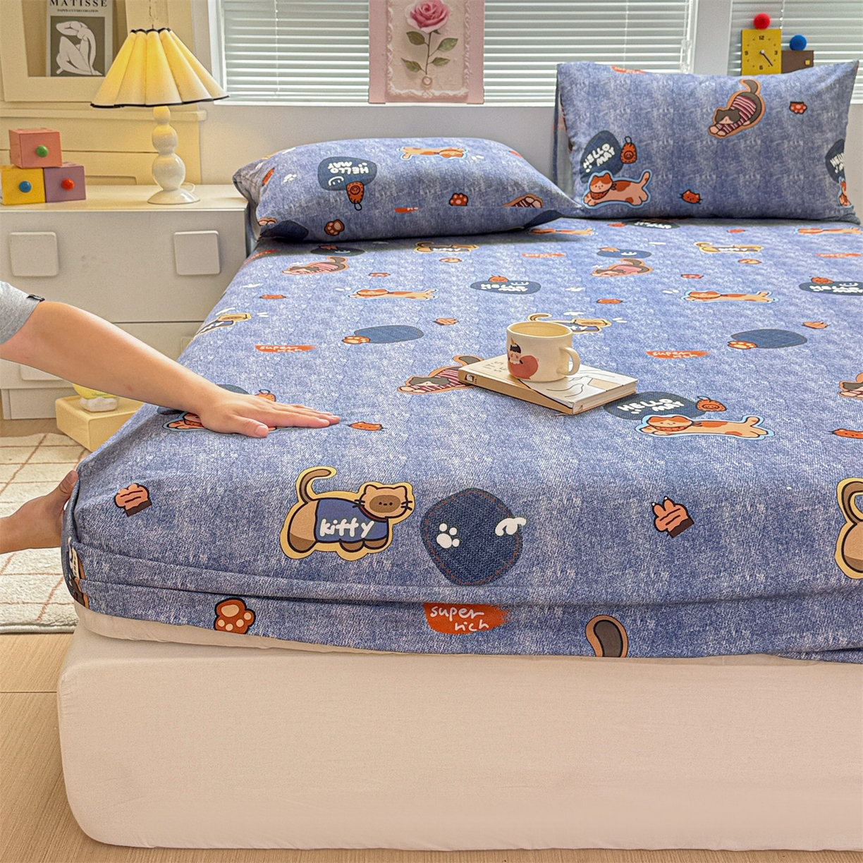91家纺网 家纺一手货源 找家纺 名兮家居 2025新款亲肤舒适全棉纯棉磨毛印花床笠单床笠单品床笠单件床笠 牛仔猫