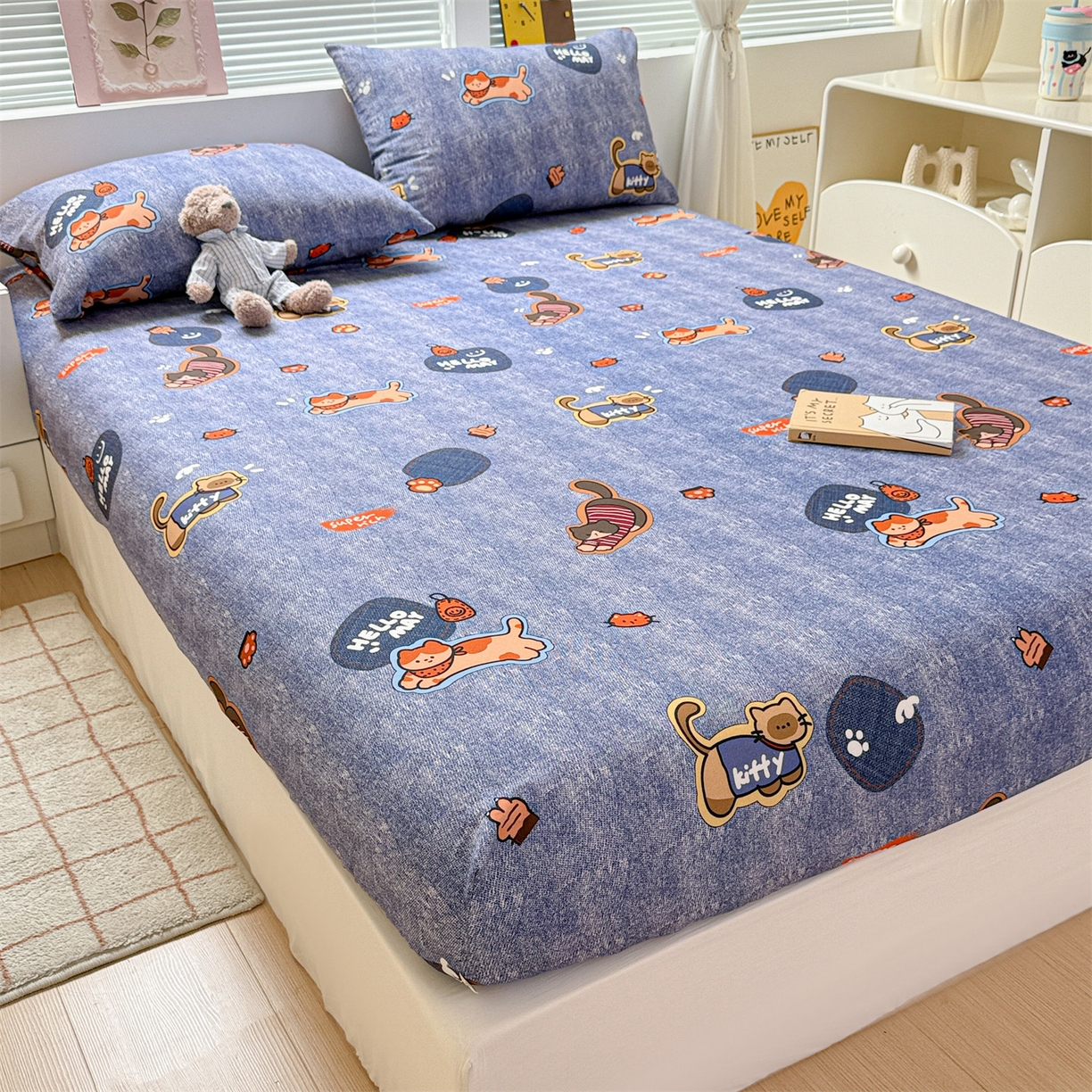 91家纺网 家纺一手货源 找家纺 名兮家居 2025新款亲肤舒适全棉纯棉磨毛印花床笠单床笠单品床笠单件床笠 牛仔猫