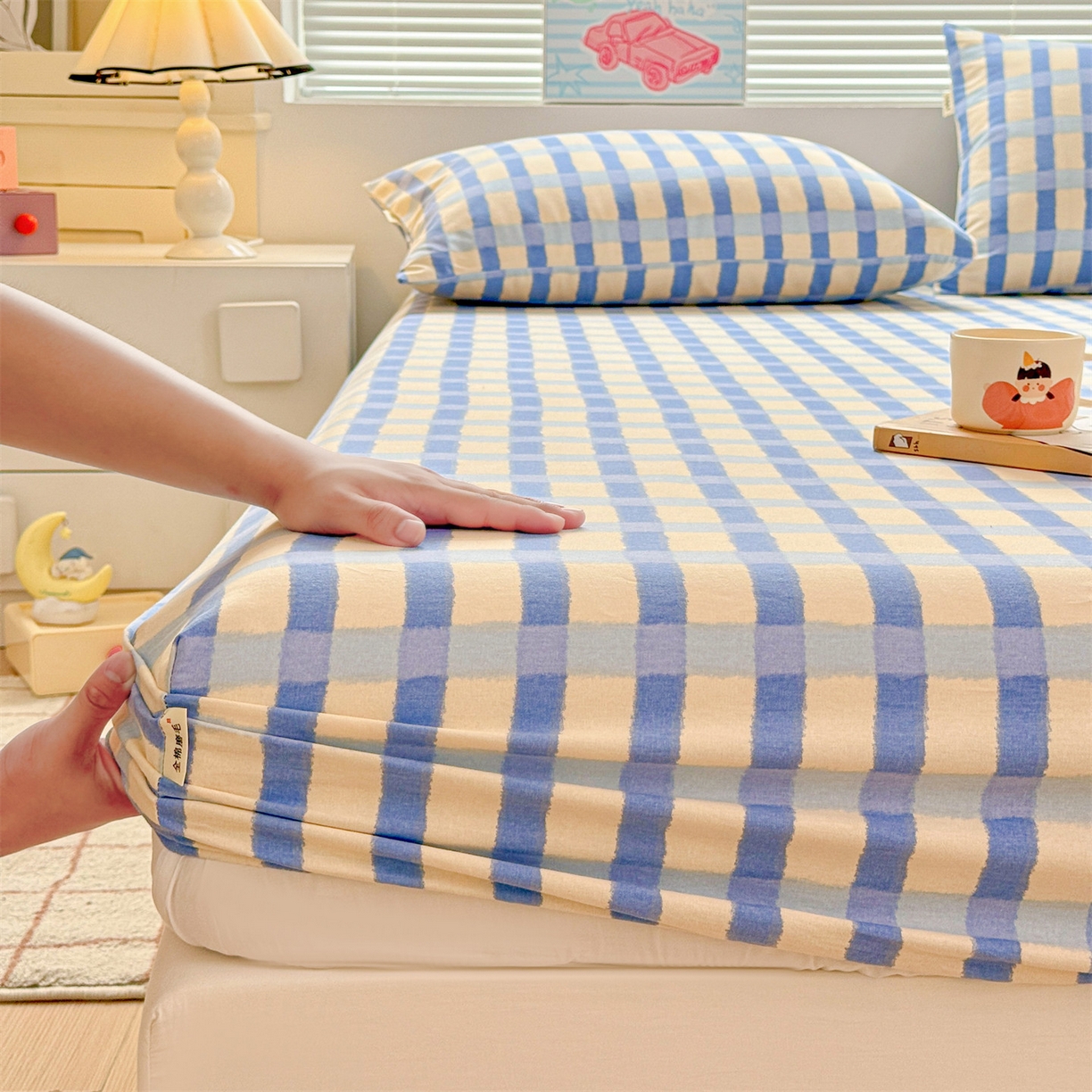 91家纺网 家纺一手货源 找家纺 名兮家居 2025新款亲肤舒适全棉纯棉磨毛印花床笠单床笠单品床笠单件床笠 格调-蓝