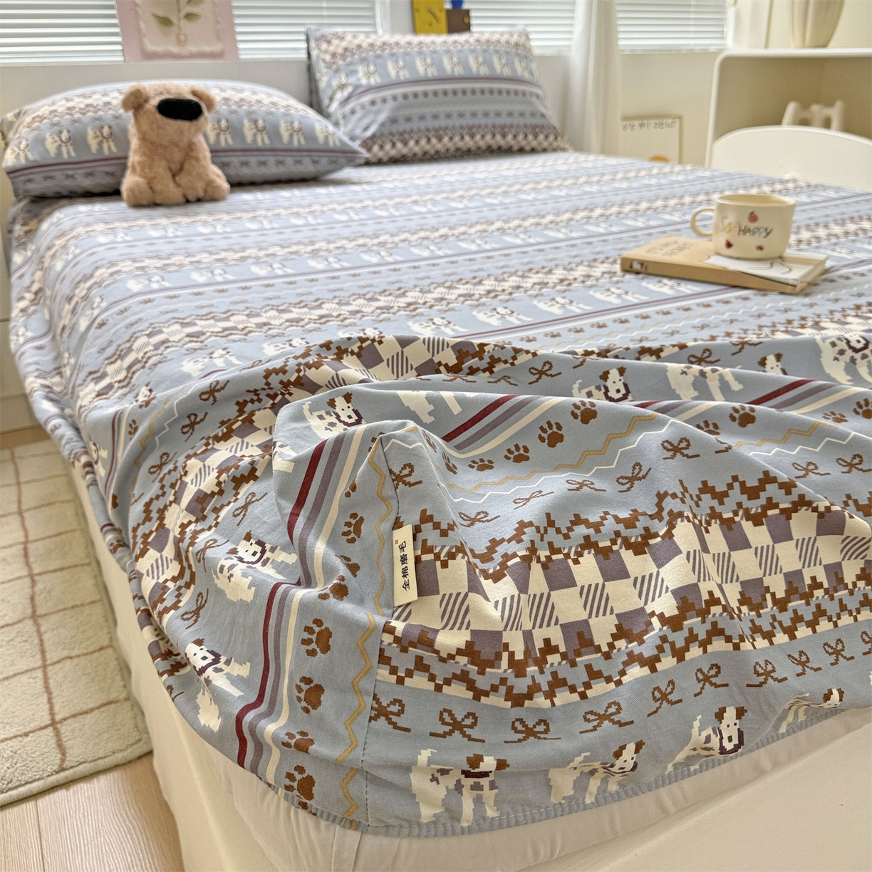 91家纺网 家纺一手货源 找家纺 名兮家居 2025新款亲肤舒适全棉纯棉磨毛印花床笠单床笠单品床笠单件床笠 蝴蝶结小狗-蓝