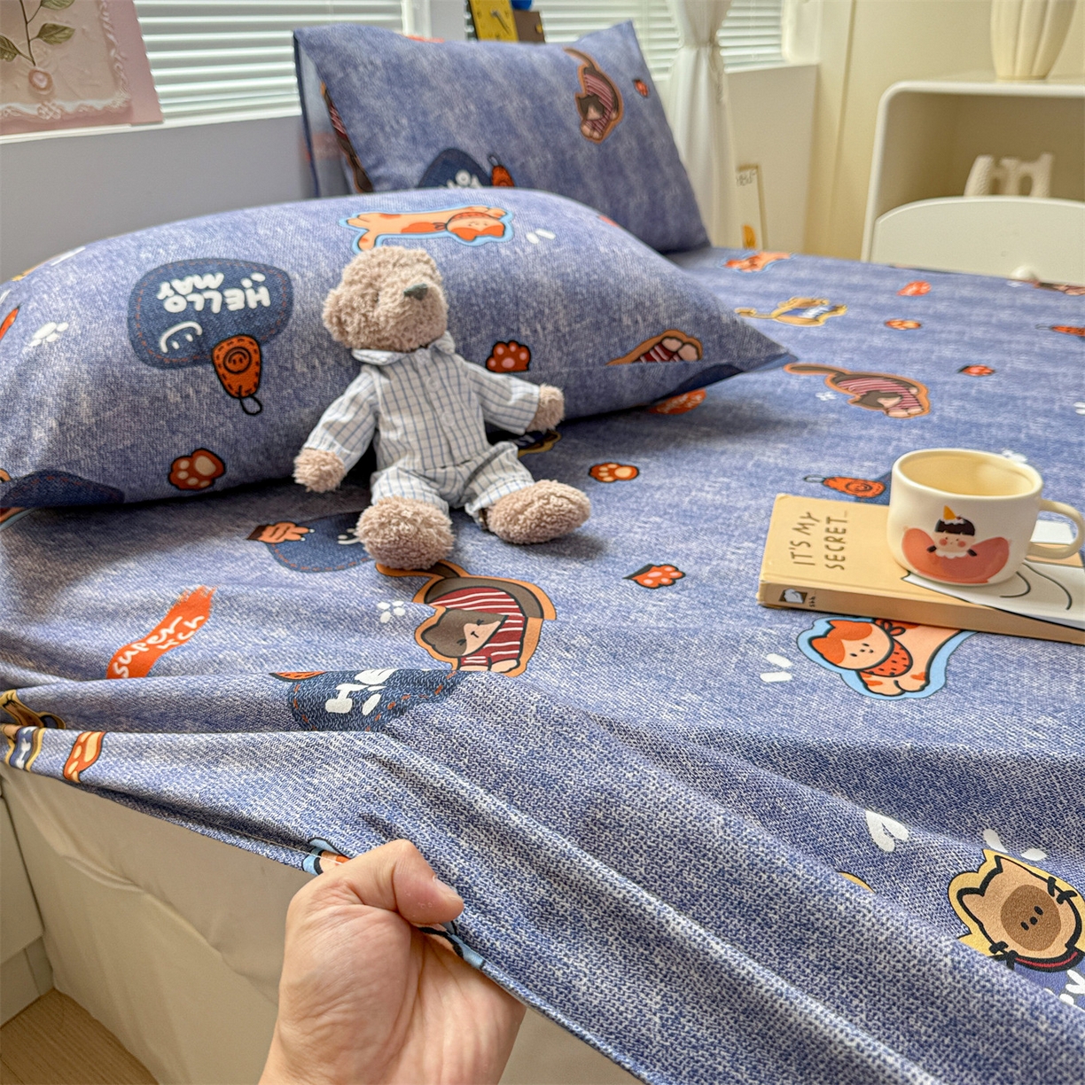 91家纺网 家纺一手货源 找家纺 名兮家居 2025新款亲肤舒适全棉纯棉磨毛印花床笠单床笠单品床笠单件床笠 牛仔猫