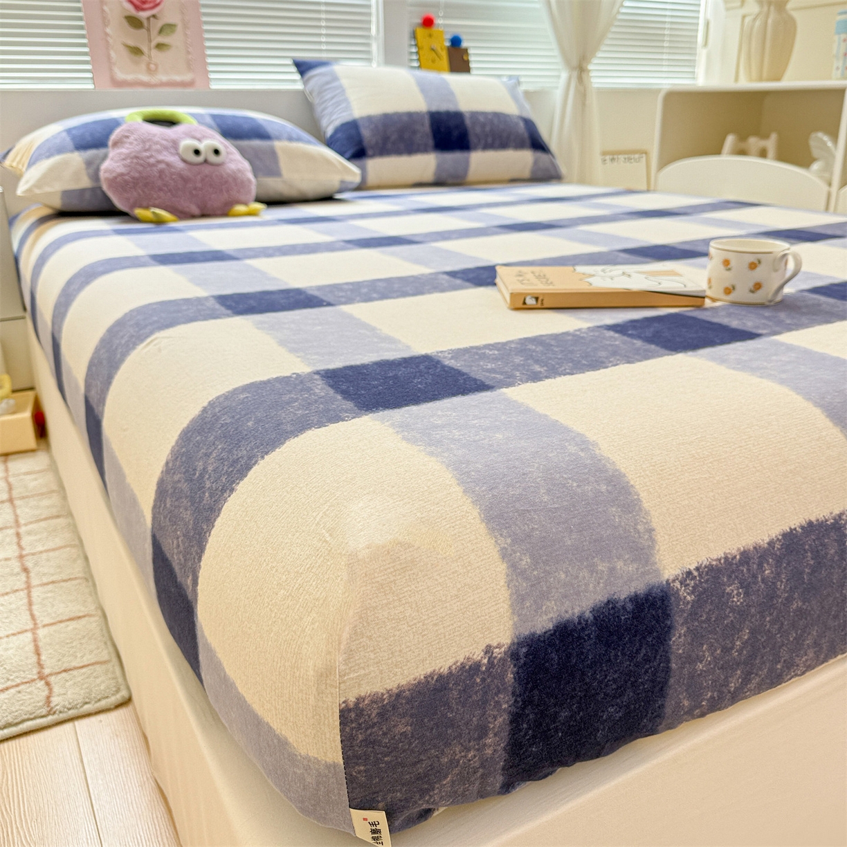 91家纺网 家纺一手货源 找家纺 名兮家居 2025新款亲肤舒适全棉纯棉磨毛印花床笠单床笠单品床笠单件床笠 大蓝格