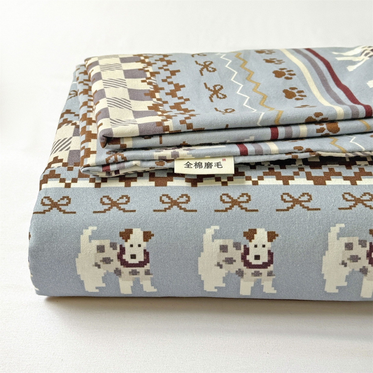 91家纺网 家纺一手货源 找家纺 名兮家居 2025新款亲肤舒适全棉纯棉磨毛印花床笠单床笠单品床笠单件床笠 蝴蝶结小狗-蓝