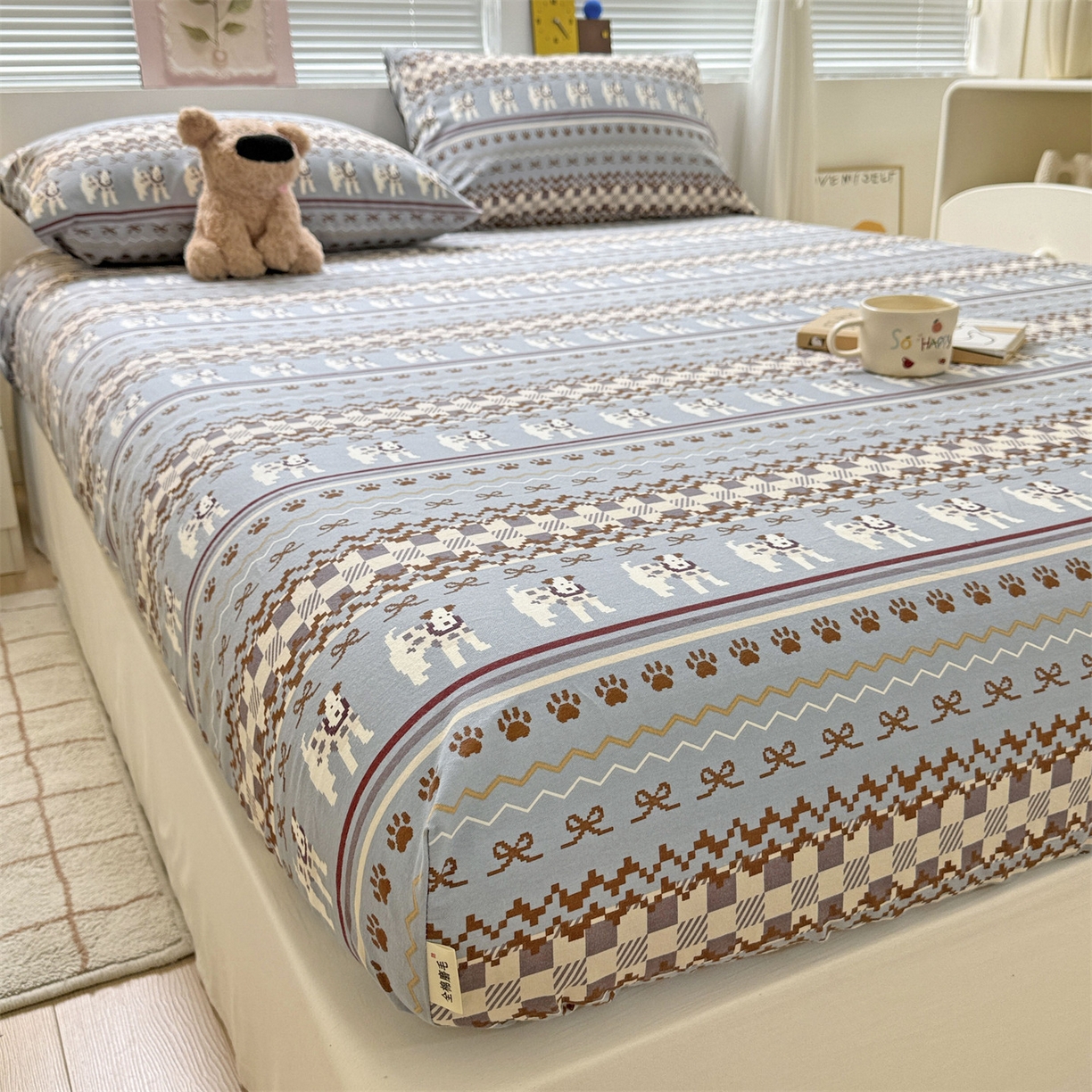 91家纺网 家纺一手货源 找家纺 名兮家居 2025新款亲肤舒适全棉纯棉磨毛印花床笠单床笠单品床笠单件床笠 蝴蝶结小狗-蓝