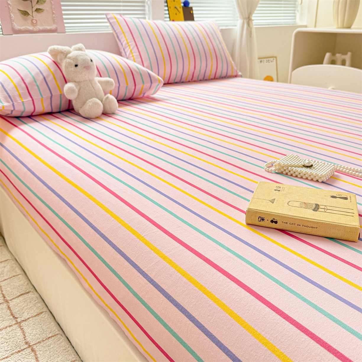 91家纺网 家纺一手货源 找家纺 名兮家居 2025新款亲肤舒适全棉纯棉磨毛印花床笠单床笠单品床笠单件床笠 炫彩条纹