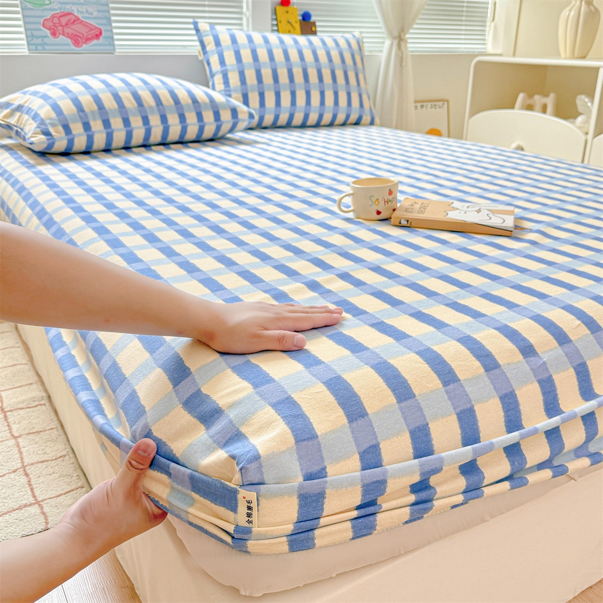 91家纺网 家纺一手货源 找家纺 名兮家居 2025新款亲肤舒适全棉纯棉磨毛印花床笠单床笠单品床笠单件床笠 格调-蓝