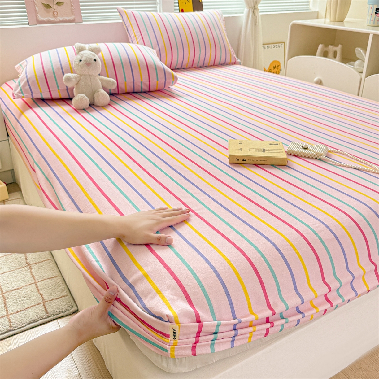 91家纺网 家纺一手货源 找家纺 名兮家居 2025新款亲肤舒适全棉纯棉磨毛印花床笠单床笠单品床笠单件床笠 炫彩条纹