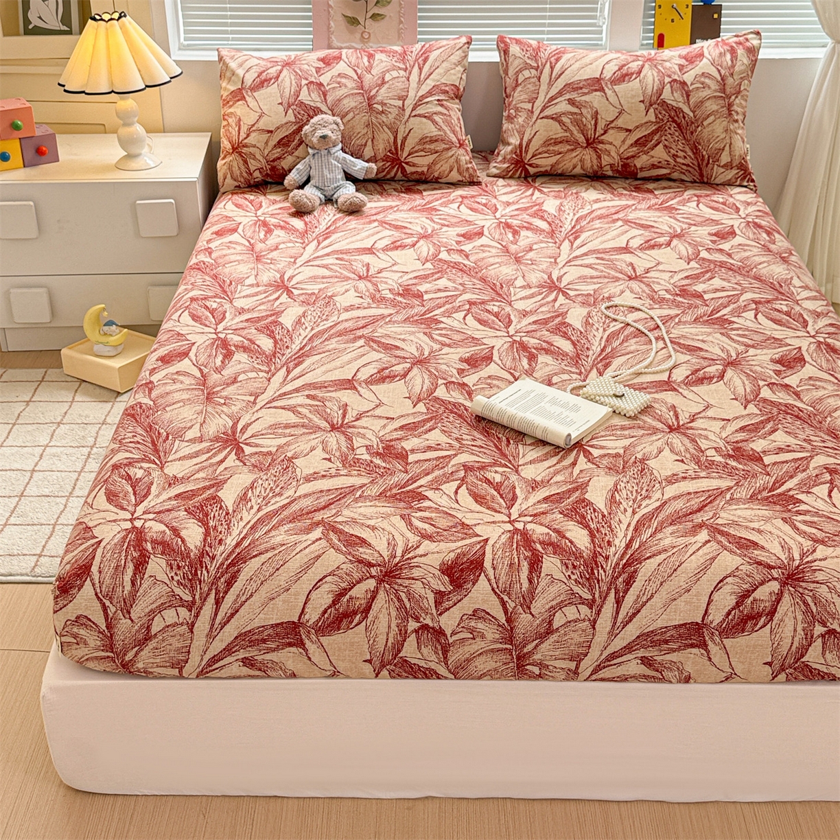 91家纺网 家纺一手货源 找家纺 名兮家居 2025新款亲肤舒适全棉纯棉磨毛印花床笠单床笠单品床笠单件床笠 秋韵-红