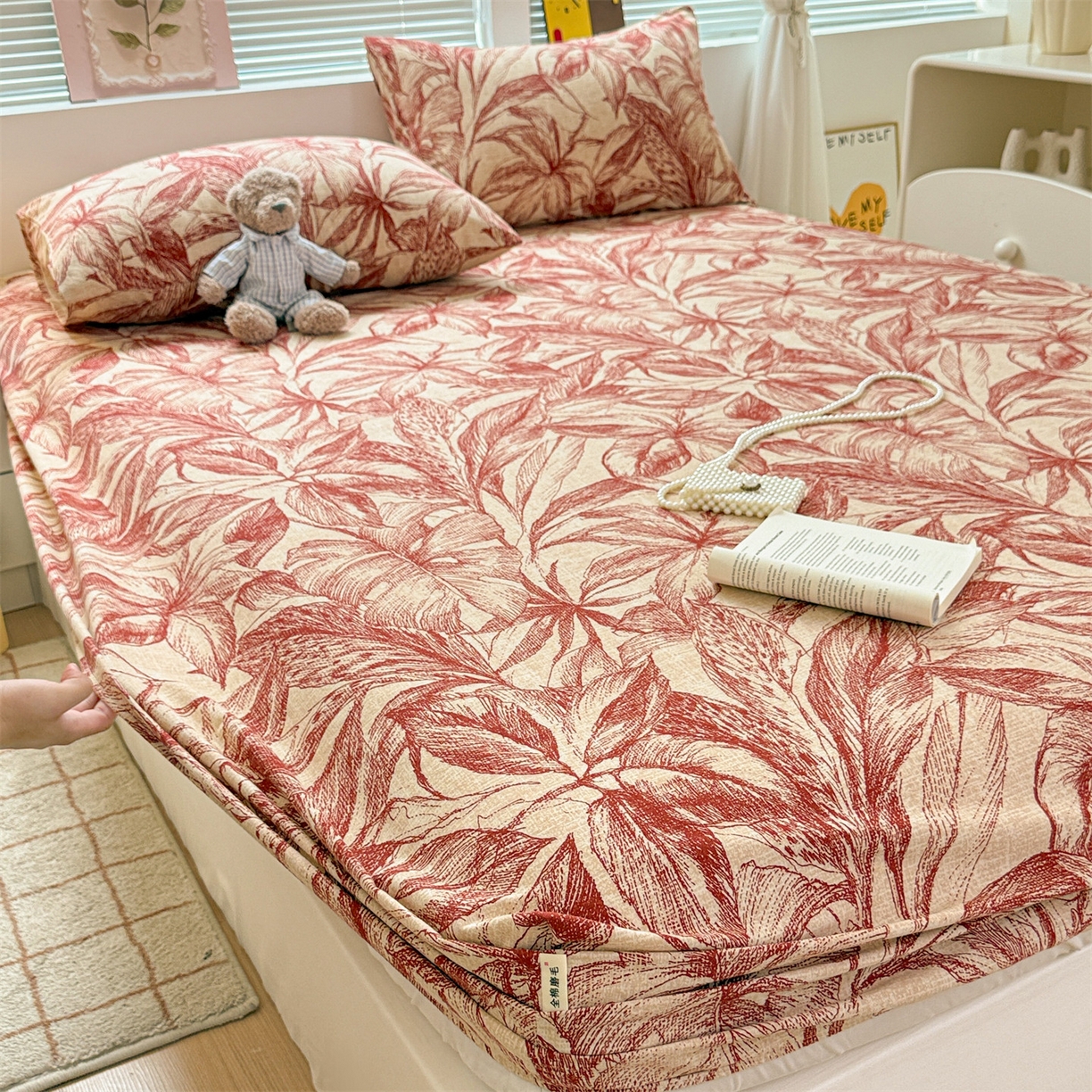 91家纺网 家纺一手货源 找家纺 名兮家居 2025新款亲肤舒适全棉纯棉磨毛印花床笠单床笠单品床笠单件床笠 秋韵-红