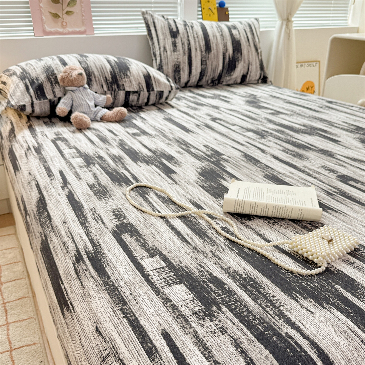 91家纺网 家纺一手货源 找家纺 名兮家居 2025新款亲肤舒适全棉纯棉磨毛印花床笠单床笠单品床笠单件床笠 墨痕