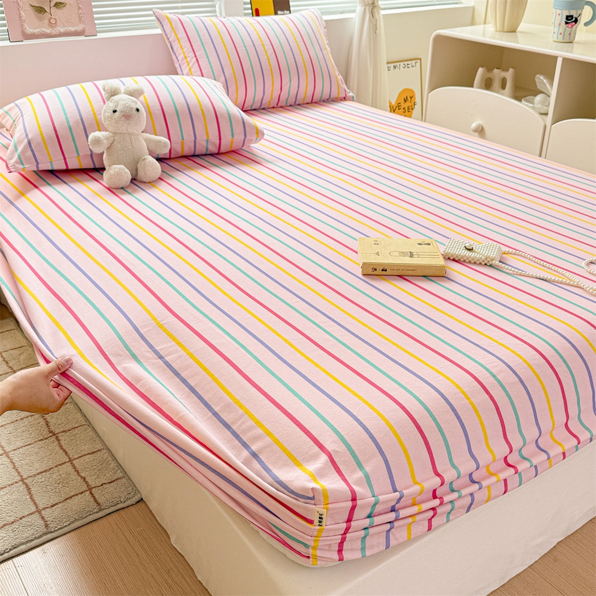 91家纺网 家纺一手货源 找家纺 名兮家居 2025新款亲肤舒适全棉纯棉磨毛印花床笠单床笠单品床笠单件床笠 炫彩条纹