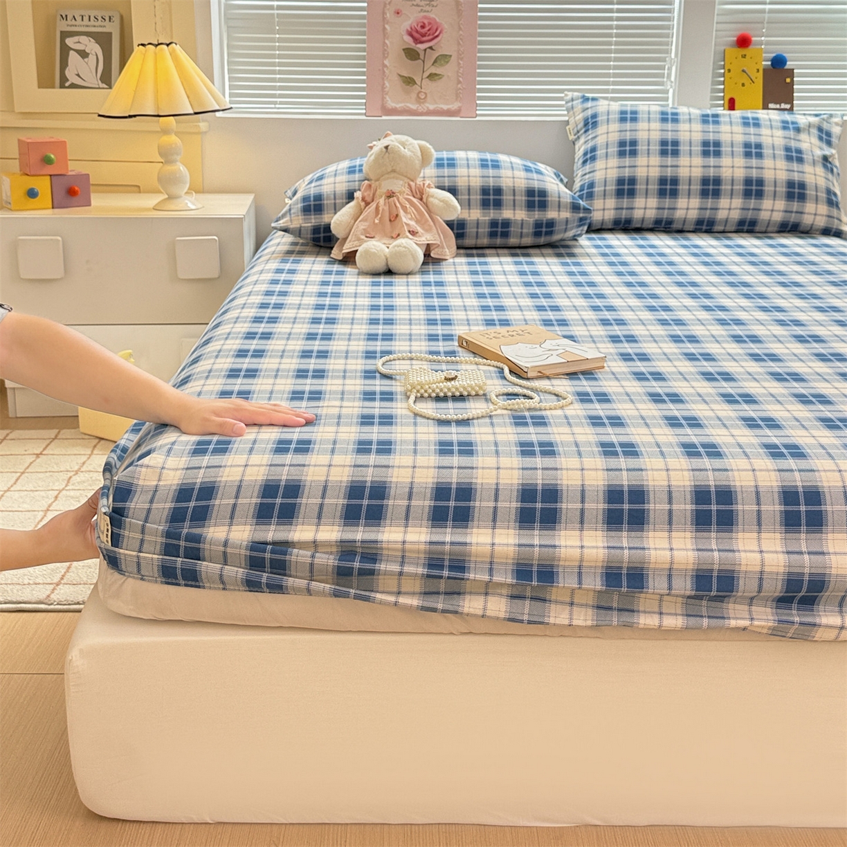 91家纺网 家纺一手货源 找家纺 名兮家居 2025新款亲肤舒适全棉纯棉磨毛印花床笠单床笠单品床笠单件床笠 蓝白格语