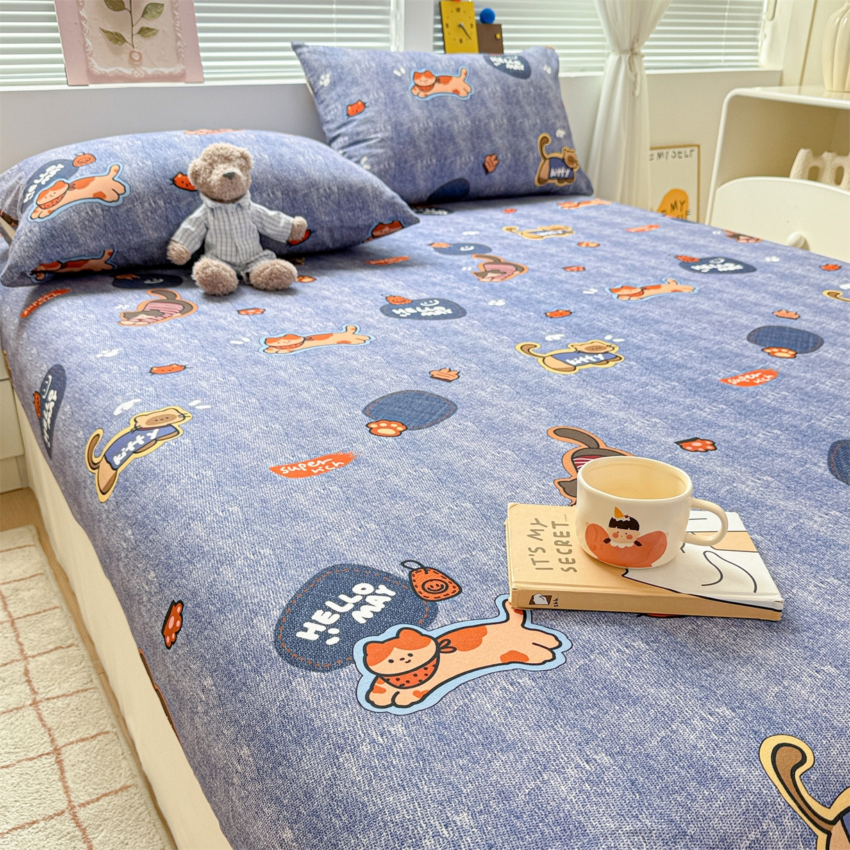 91家纺网 家纺一手货源 找家纺 名兮家居 2025新款亲肤舒适全棉纯棉磨毛印花床笠单床笠单品床笠单件床笠 牛仔猫