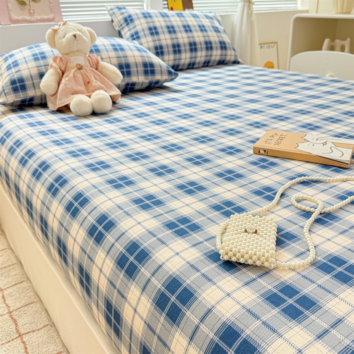 91家纺网 家纺一手货源 找家纺 名兮家居 2025新款亲肤舒适全棉纯棉磨毛印花床笠单床笠单品床笠单件床笠 蓝白格语