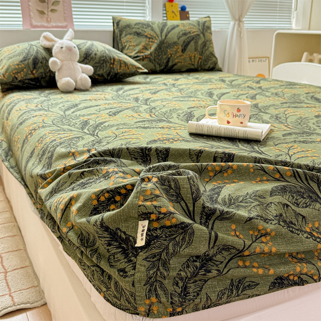 91家纺网 家纺一手货源 找家纺 名兮家居 2025新款亲肤舒适全棉纯棉磨毛印花床笠单床笠单品床笠单件床笠 繁叶流金-绿