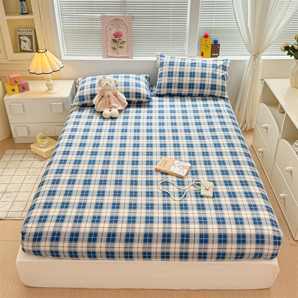 91家纺网 家纺一手货源 找家纺 名兮家居 2025新款亲肤舒适全棉纯棉磨毛印花床笠单床笠单品床笠单件床笠 蓝白格语