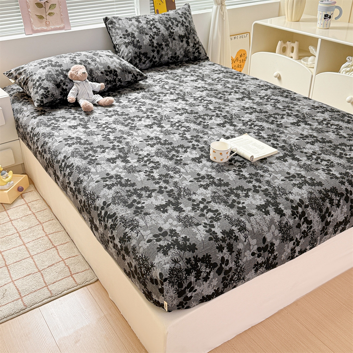 91家纺网 家纺一手货源 找家纺 名兮家居 2025新款亲肤舒适全棉纯棉磨毛印花床笠单床笠单品床笠单件床笠 叶影