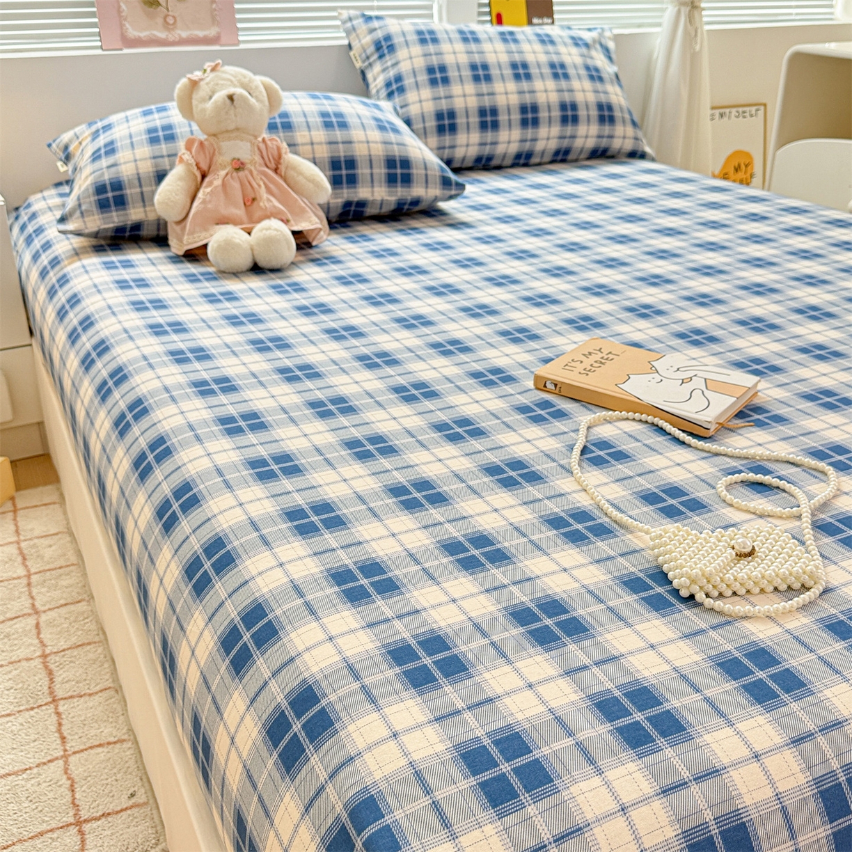 91家纺网 家纺一手货源 找家纺 名兮家居 2025新款亲肤舒适全棉纯棉磨毛印花床笠单床笠单品床笠单件床笠 蓝白格语