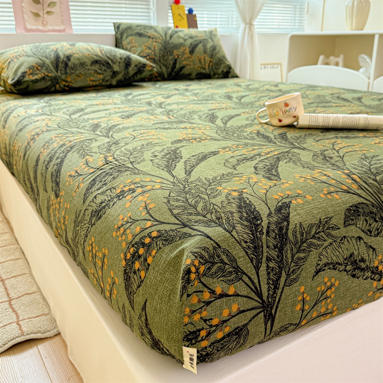 91家纺网 家纺一手货源 找家纺 名兮家居 2025新款亲肤舒适全棉纯棉磨毛印花床笠单床笠单品床笠单件床笠 繁叶流金-绿