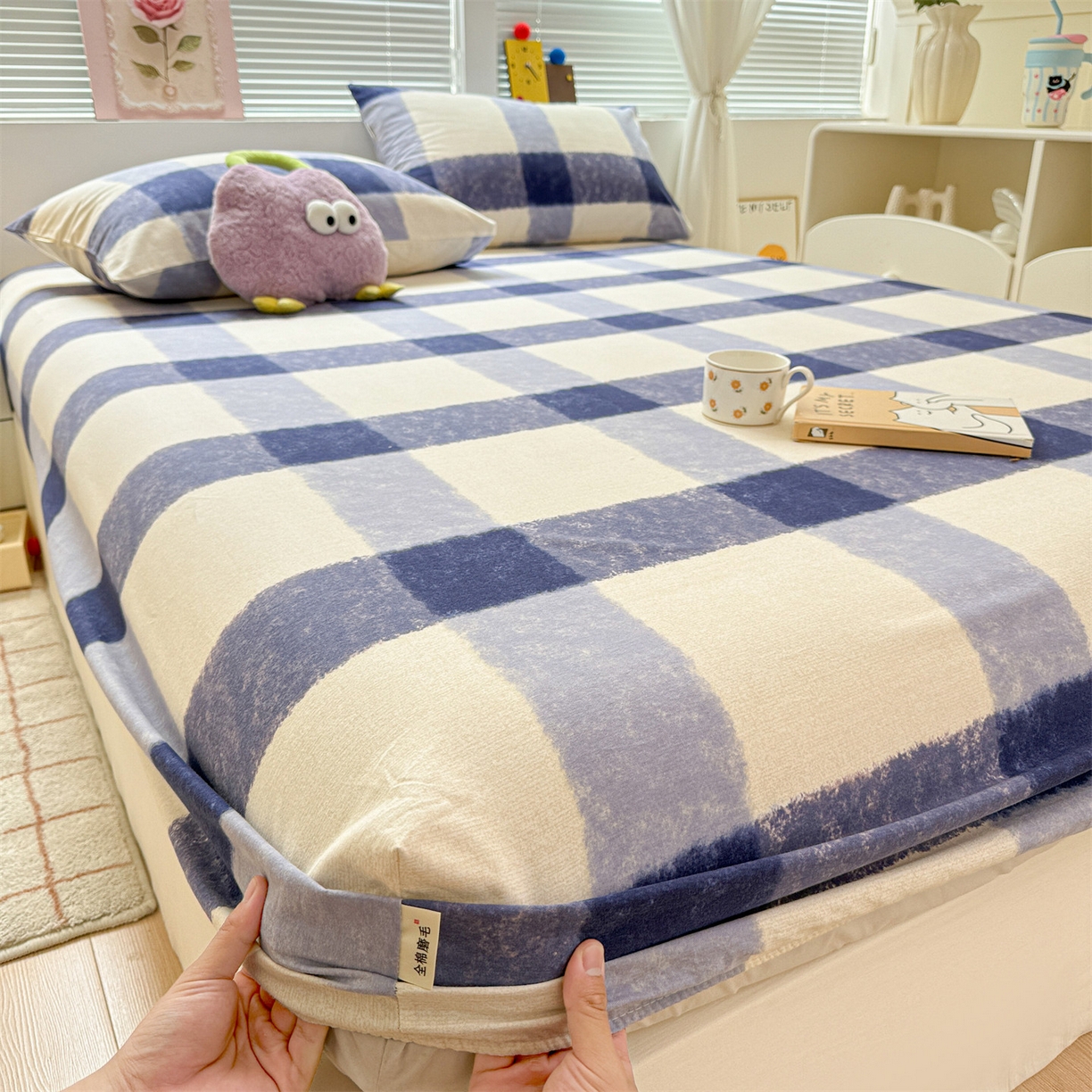 名兮家居 2025新款亲肤舒适全棉纯棉磨毛印花床笠单床笠单品床笠单件床笠 大蓝格