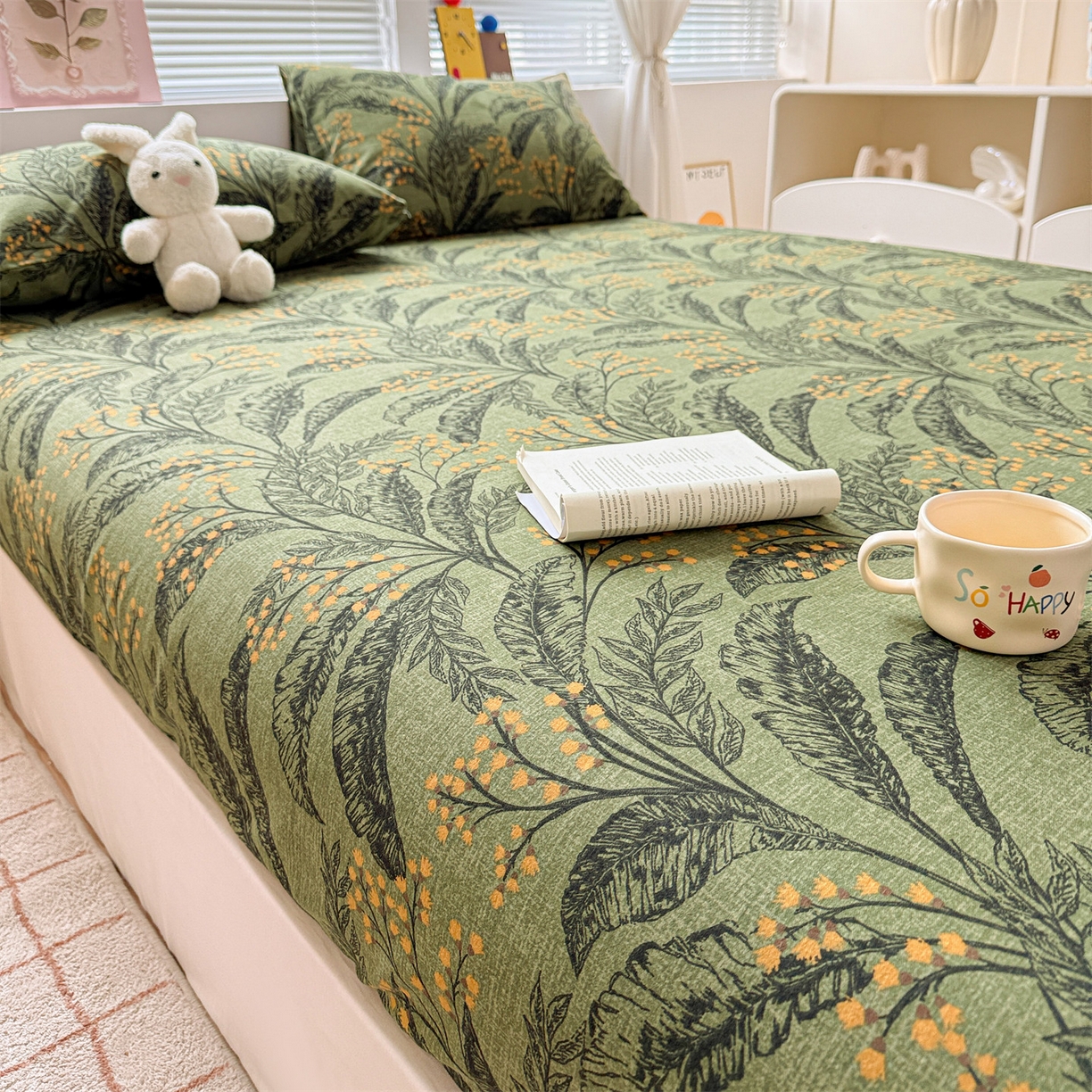 91家纺网 家纺一手货源 找家纺 名兮家居 2025新款亲肤舒适全棉纯棉磨毛印花床笠单床笠单品床笠单件床笠 繁叶流金-绿