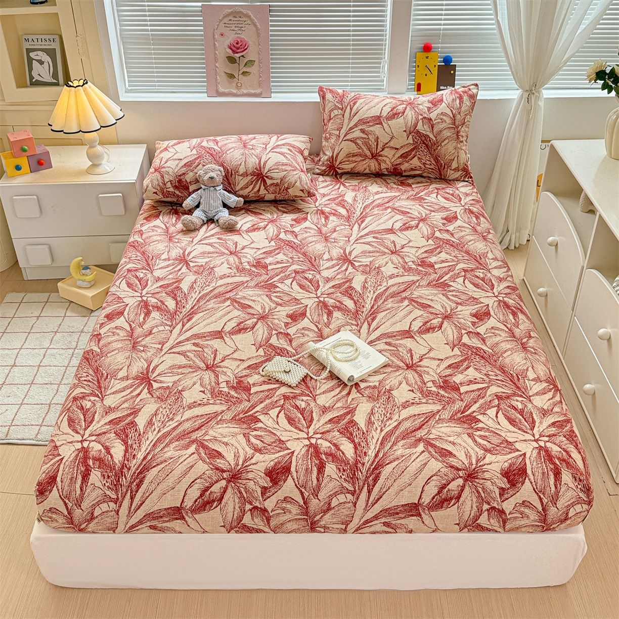 91家纺网 家纺一手货源 找家纺 名兮家居 2025新款亲肤舒适全棉纯棉磨毛印花床笠单床笠单品床笠单件床笠 秋韵-红