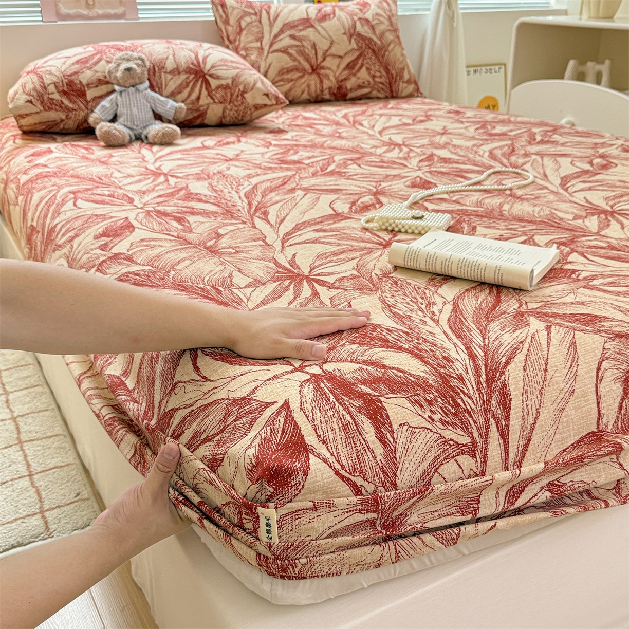 91家纺网 家纺一手货源 找家纺 名兮家居 2025新款亲肤舒适全棉纯棉磨毛印花床笠单床笠单品床笠单件床笠 秋韵-红