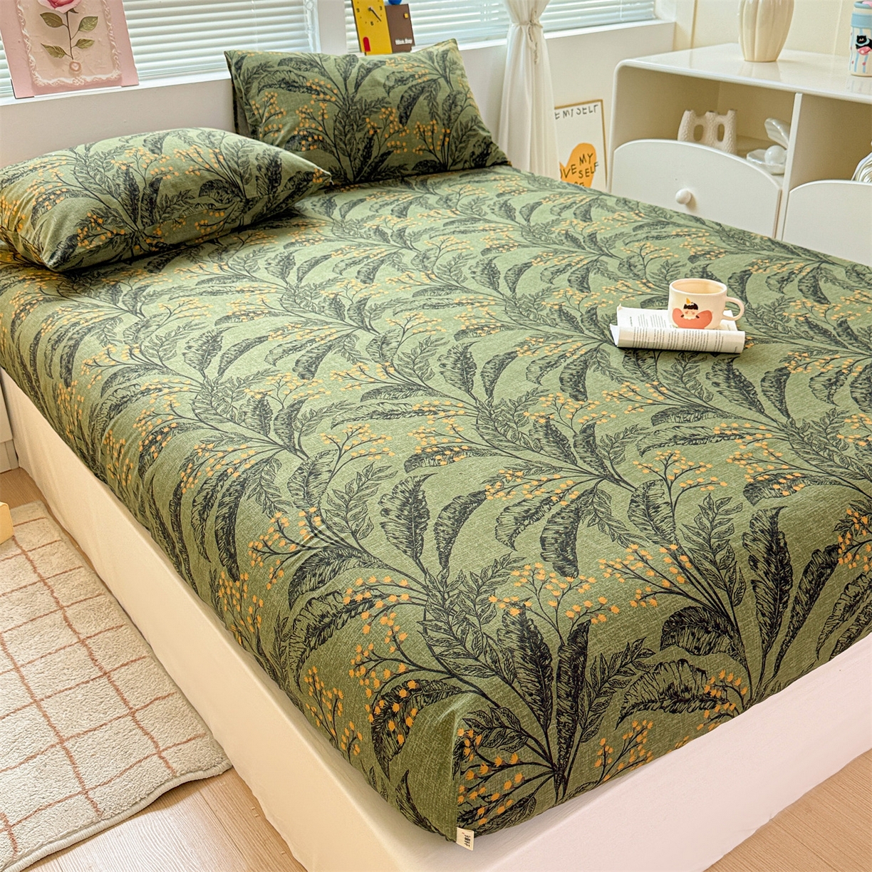 91家纺网 家纺一手货源 找家纺 名兮家居 2025新款亲肤舒适全棉纯棉磨毛印花床笠单床笠单品床笠单件床笠 繁叶流金-绿