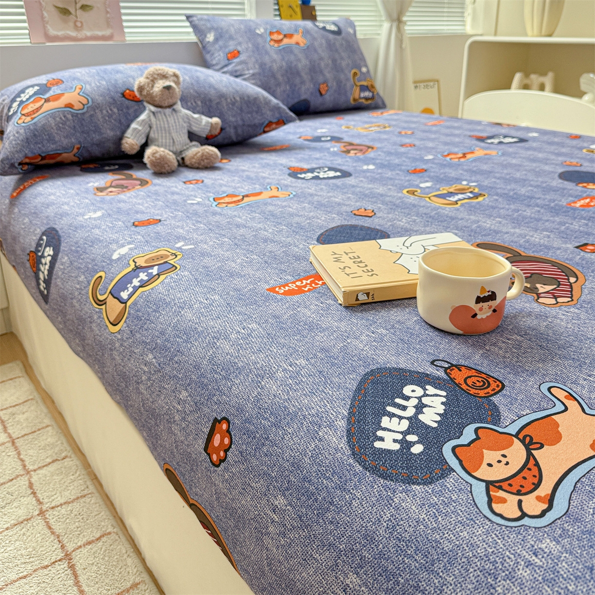 91家纺网 家纺一手货源 找家纺 名兮家居 2025新款亲肤舒适全棉纯棉磨毛印花床笠单床笠单品床笠单件床笠 牛仔猫