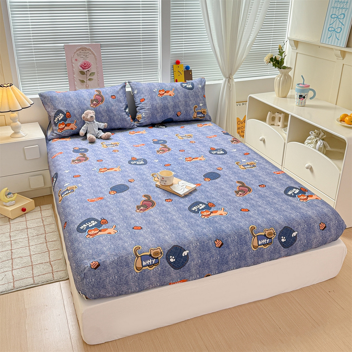 91家纺网 家纺一手货源 找家纺 名兮家居 2025新款亲肤舒适全棉纯棉磨毛印花床笠单床笠单品床笠单件床笠 牛仔猫