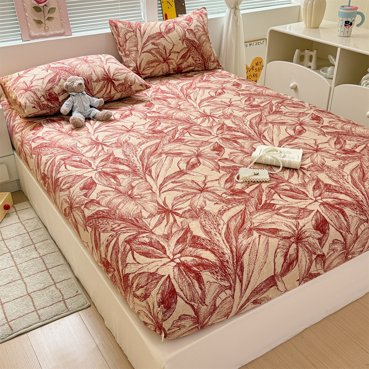 91家纺网 家纺一手货源 找家纺 名兮家居 2025新款亲肤舒适全棉纯棉磨毛印花床笠单床笠单品床笠单件床笠 秋韵-红